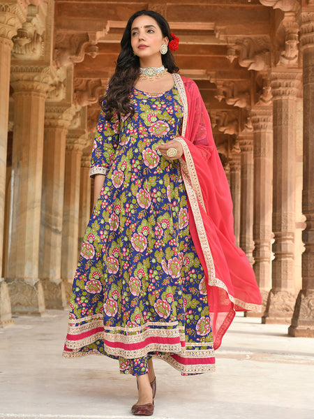 Janasya Women's Blue Cotton Floral Block Print Kurta With Pant And Dupatta