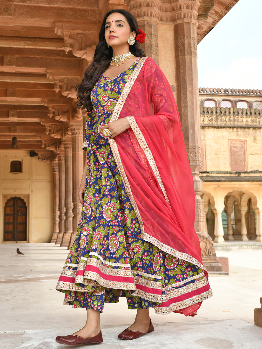 Janasya Women's Blue Cotton Floral Block Print Kurta With Pant And Dupatta - Distacart
