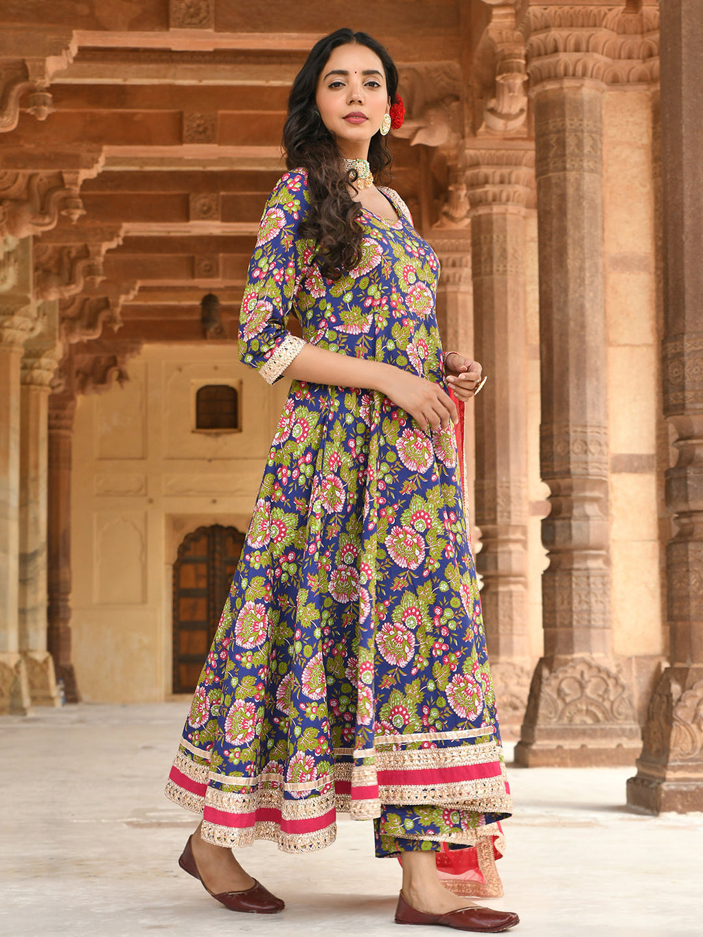 Janasya Women's Blue Cotton Floral Block Print Kurta With Pant And Dupatta - Distacart