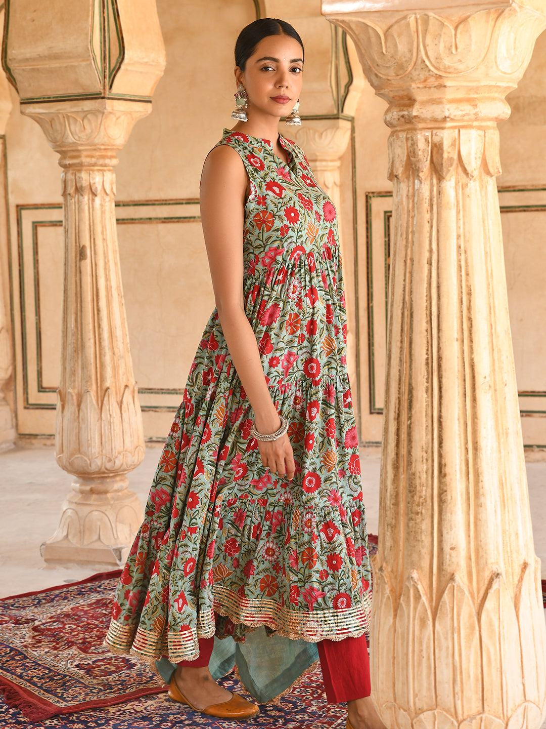 Janasya Women's Sea Green Cotton Floral Block Print Kurta With Pant And Dupatta - Distacart
