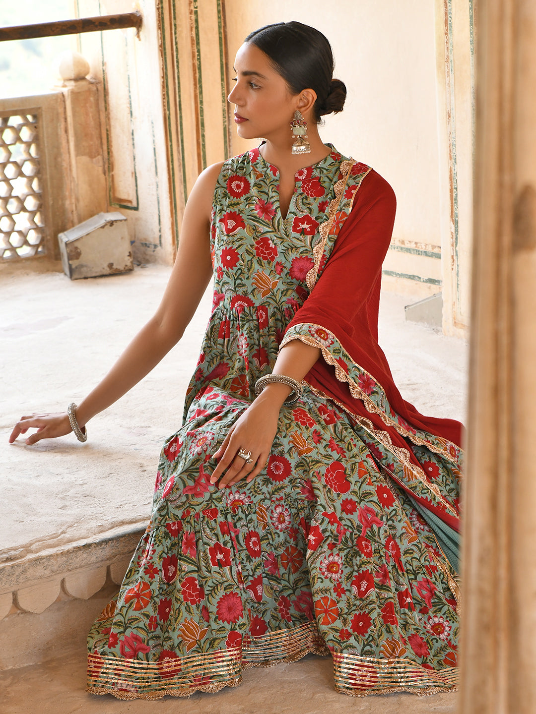 Janasya Women's Sea Green Cotton Floral Block Print Kurta With Pant And Dupatta - Distacart