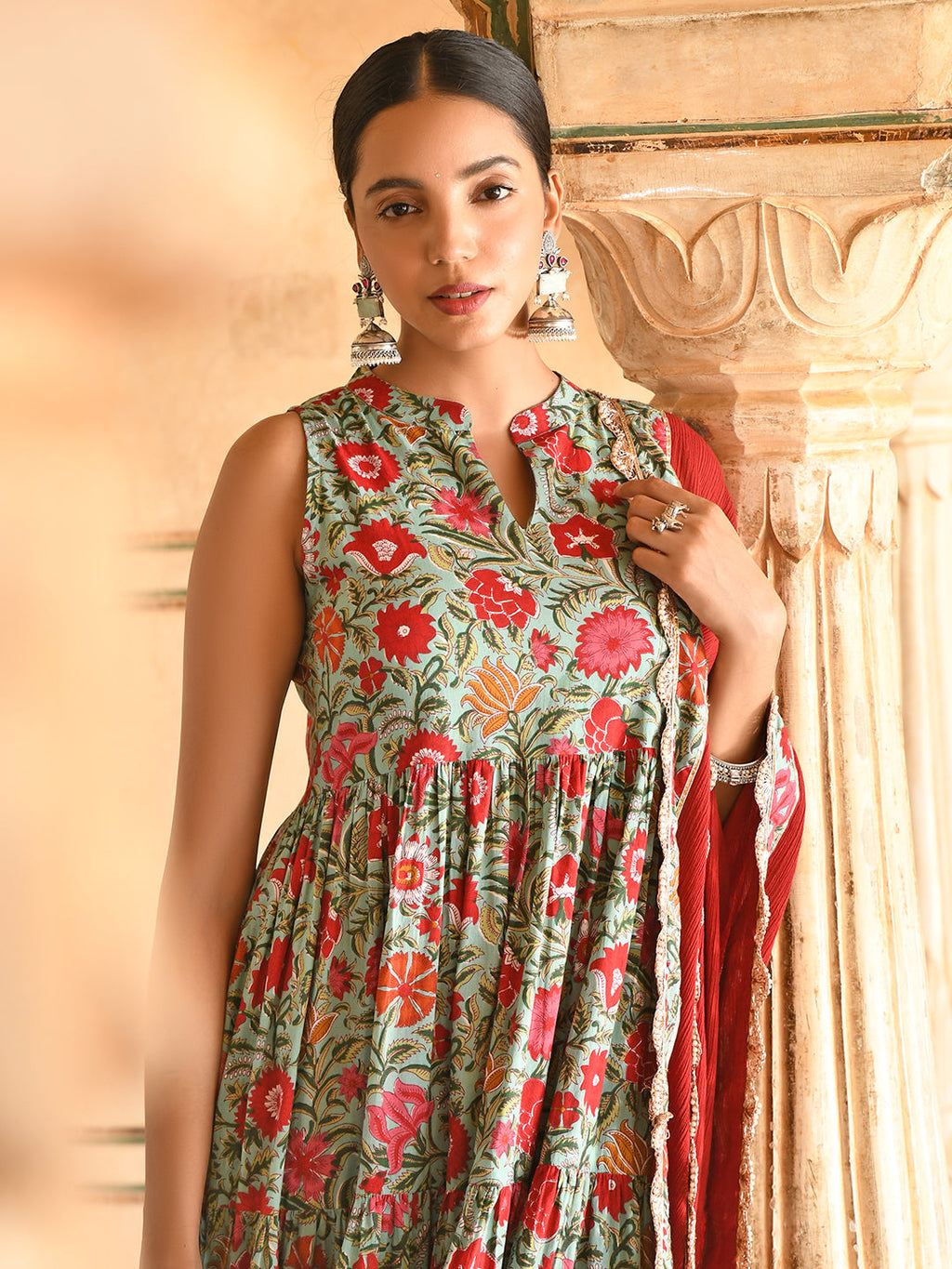 Janasya Women's Sea Green Cotton Floral Block Print Kurta With Pant And Dupatta - Distacart