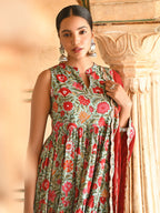 Janasya Women's Sea Green Cotton Floral Block Print Kurta With Pant And Dupatta - Distacart