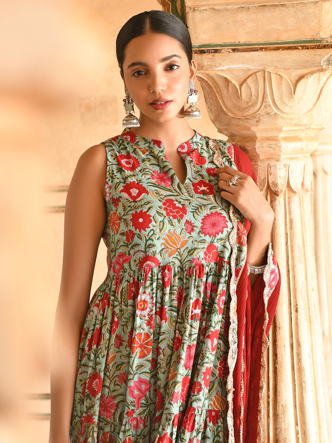 Janasya Women's Sea Green Cotton Floral Block Print Kurta With Pant And Dupatta - Distacart