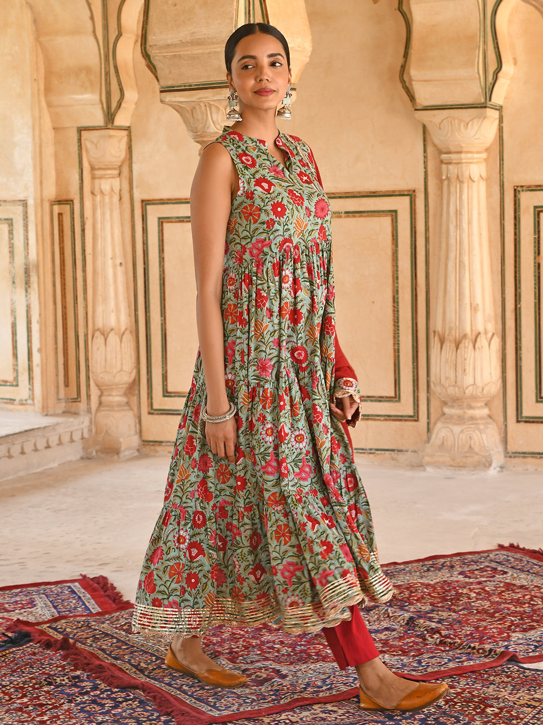 Janasya Women's Sea Green Cotton Floral Block Print Kurta With Pant And Dupatta - Distacart