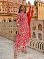 Janasya Women's Red Cotton Floral Block Print Kurta With Flared Palazzo And Dupatta - Distacart