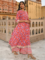 Janasya Women's Red Cotton Floral Block Print Kurta With Flared Palazzo And Dupatta - Distacart