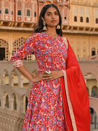 Janasya Women's Red Cotton Floral Block Print Kurta With Flared Palazzo And Dupatta - Distacart