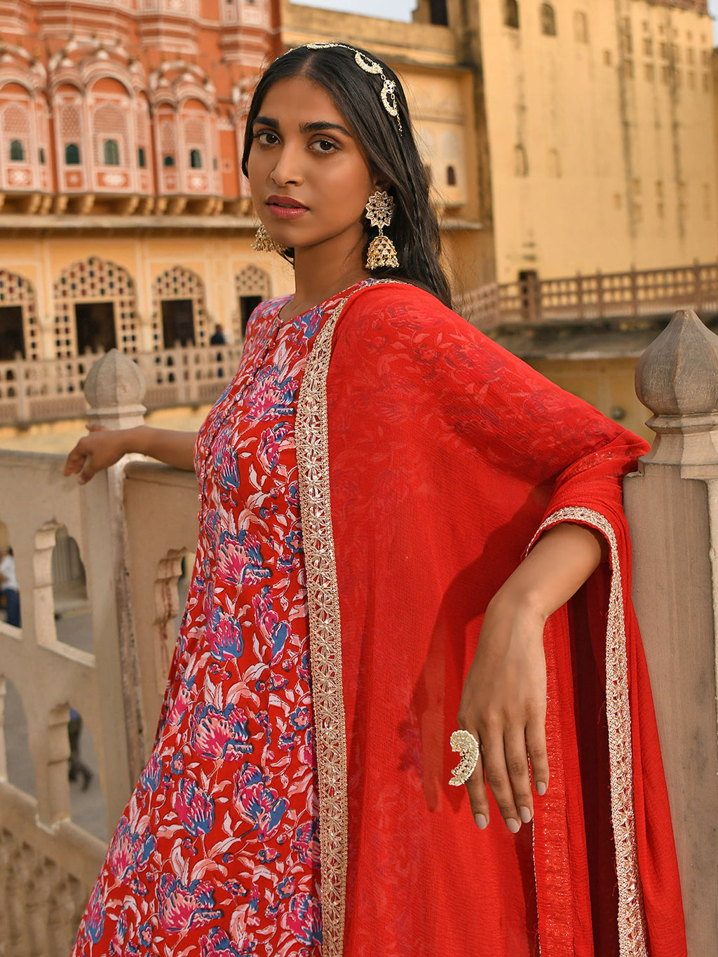 Janasya Women's Red Cotton Floral Block Print Kurta With Flared Palazzo And Dupatta - Distacart