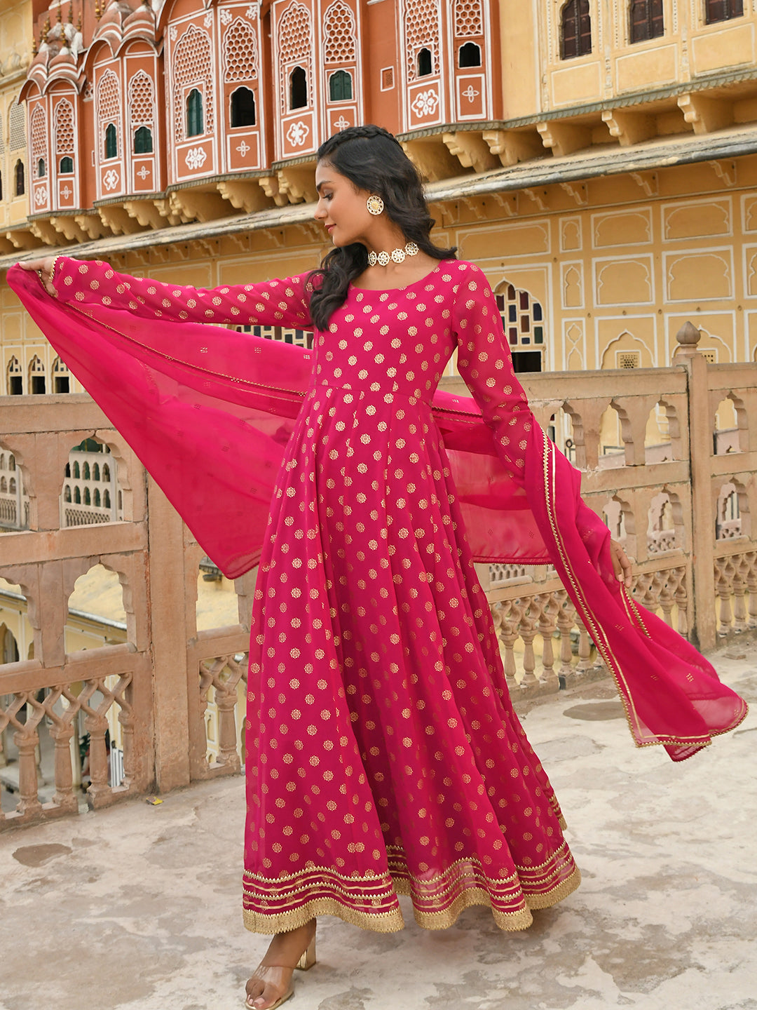Janasya Women's Bright Pink Georgette Foil Print Kurta With Dupatta - Distacart