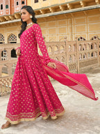 Janasya Women's Bright Pink Georgette Foil Print Kurta With Dupatta - Distacart