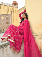 Janasya Women's Bright Pink Georgette Foil Print Kurta With Dupatta - Distacart