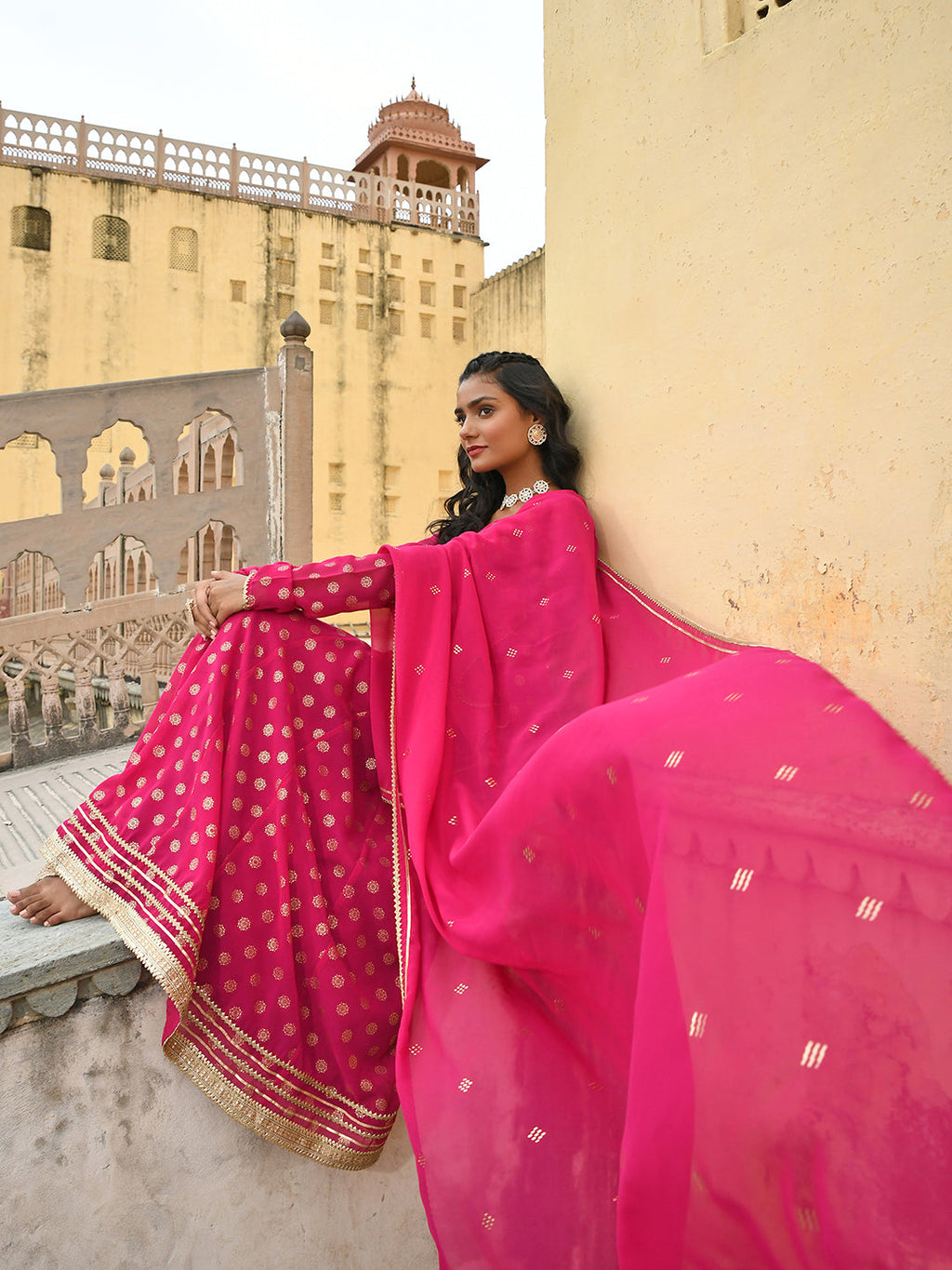 Janasya Women's Bright Pink Georgette Foil Print Kurta With Dupatta - Distacart