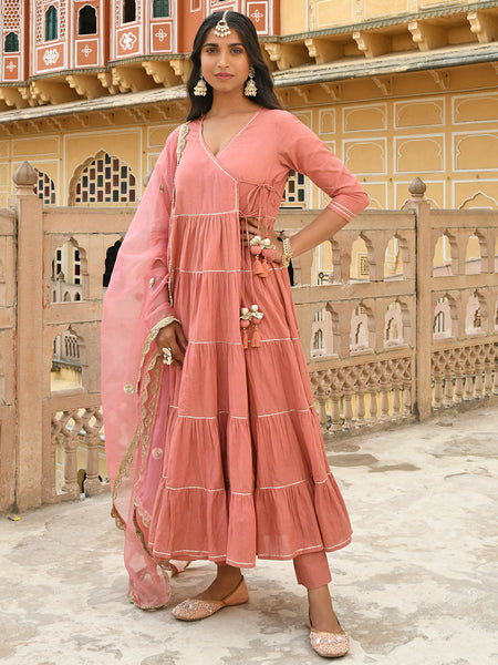 Janasya Women's Dusty Rose Cotton Embellished Kurta With Pant And Dupatta