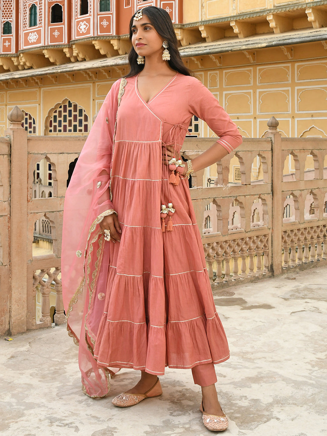 Janasya Women's Dusty Rose Cotton Embellished Kurta With Pant And Dupatta - Distacart