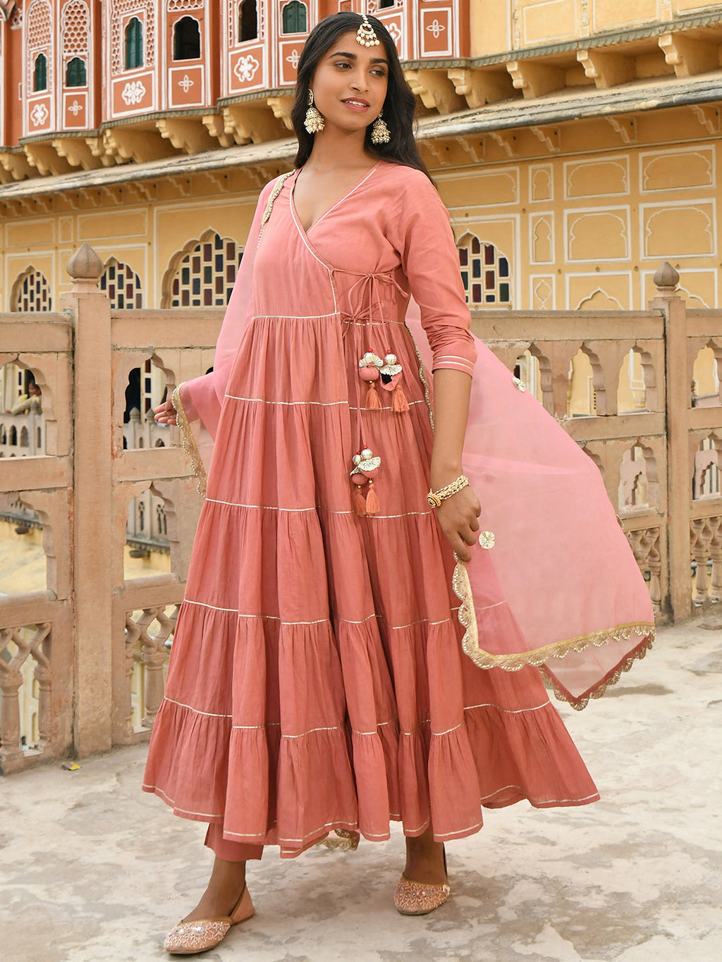 Janasya Women's Dusty Rose Cotton Embellished Kurta With Pant And Dupatta - Distacart