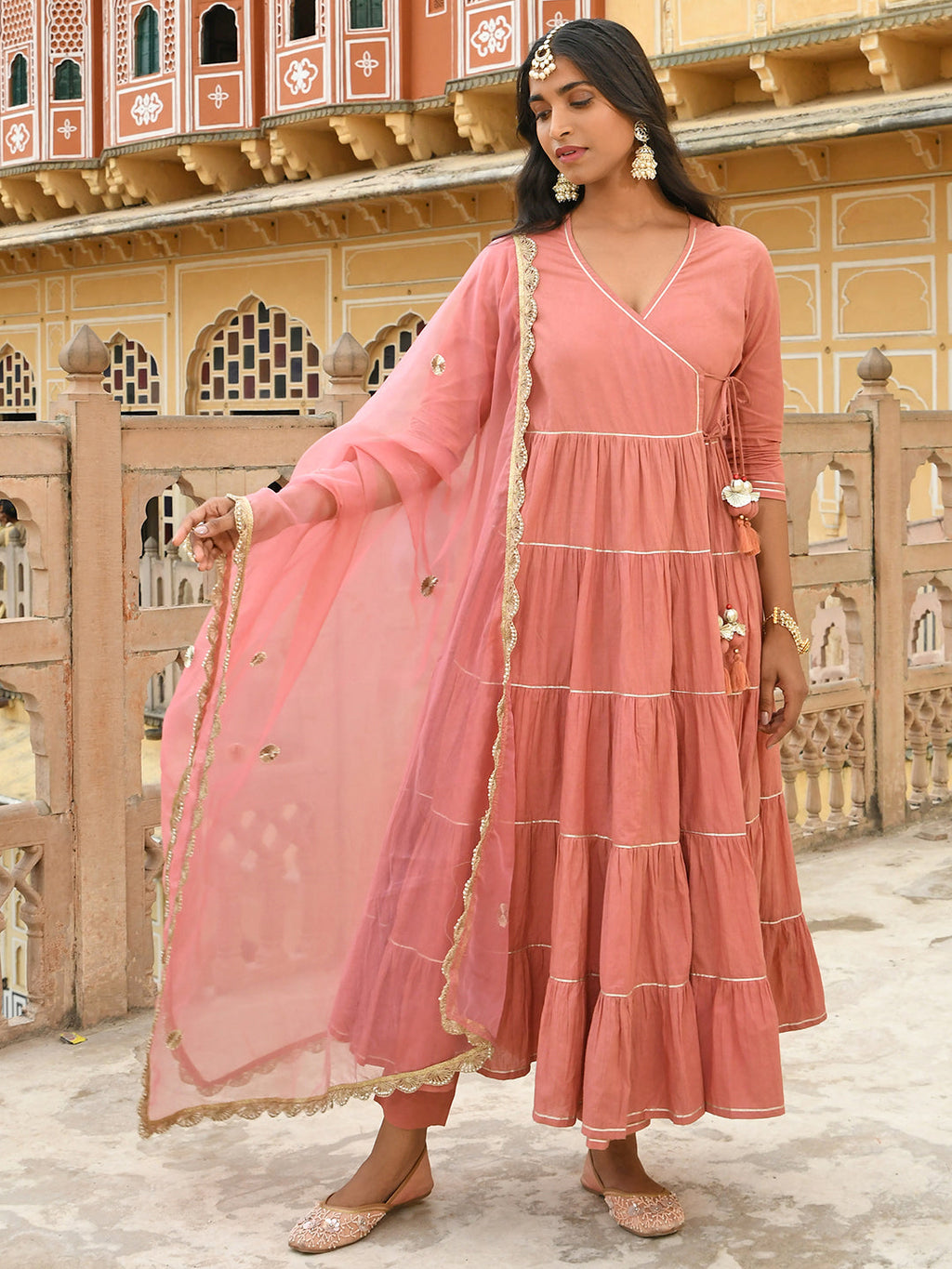 Janasya Women's Dusty Rose Cotton Embellished Kurta With Pant And Dupatta - Distacart