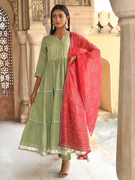 Janasya Women's Pastel Green Cotton Solid Kurta With Pant And Dupatta