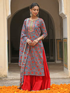 Janasya Women's Sky Blue Cotton Floral Block Print Kurta With Gharara And Dupatta - Distacart