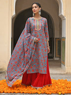 Janasya Women's Sky Blue Cotton Floral Block Print Kurta With Gharara And Dupatta - Distacart