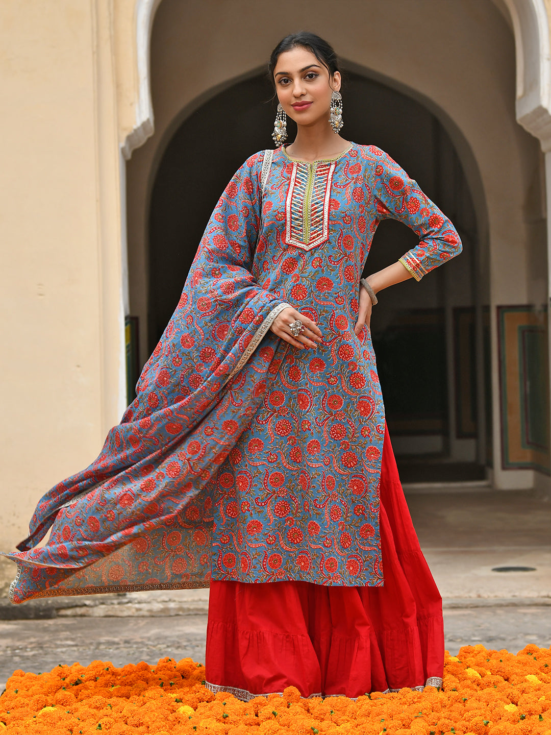 Janasya Women's Sky Blue Cotton Floral Block Print Kurta With Gharara And Dupatta - Distacart
