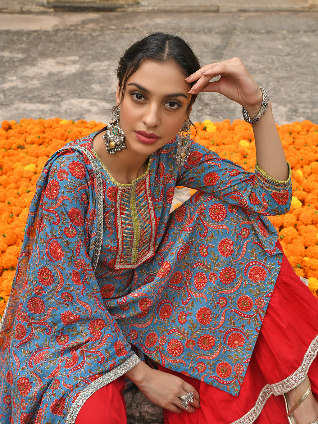 Janasya Women's Sky Blue Cotton Floral Block Print Kurta With Gharara And Dupatta - Distacart