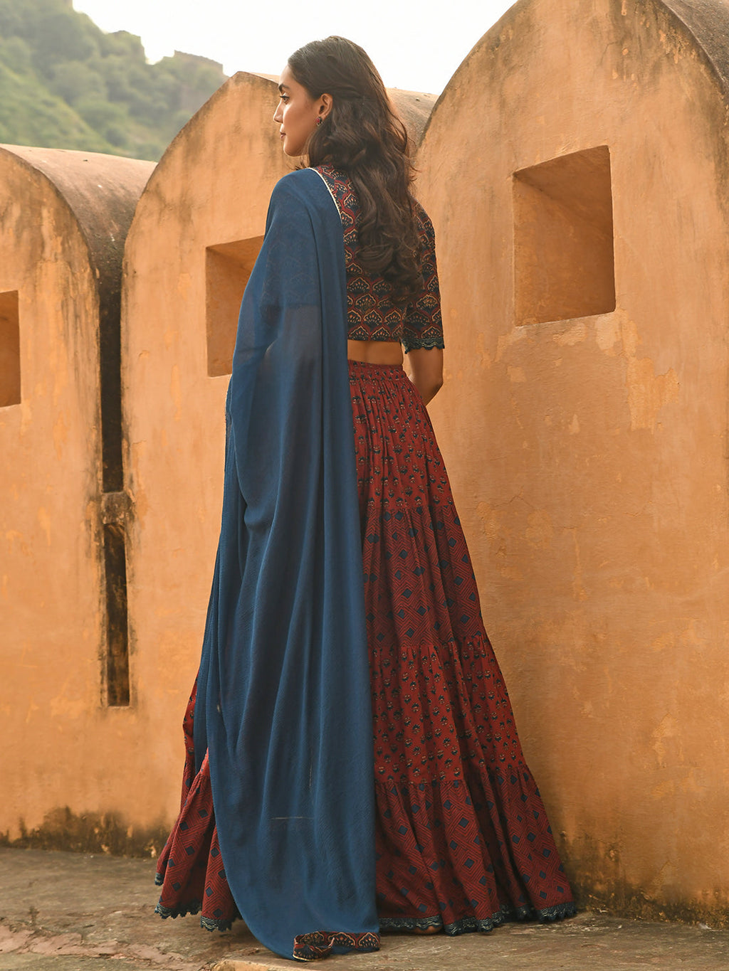 Janasya Women's Maroon Cotton Block Print Lehenga Choli With Dupatta - Distacart