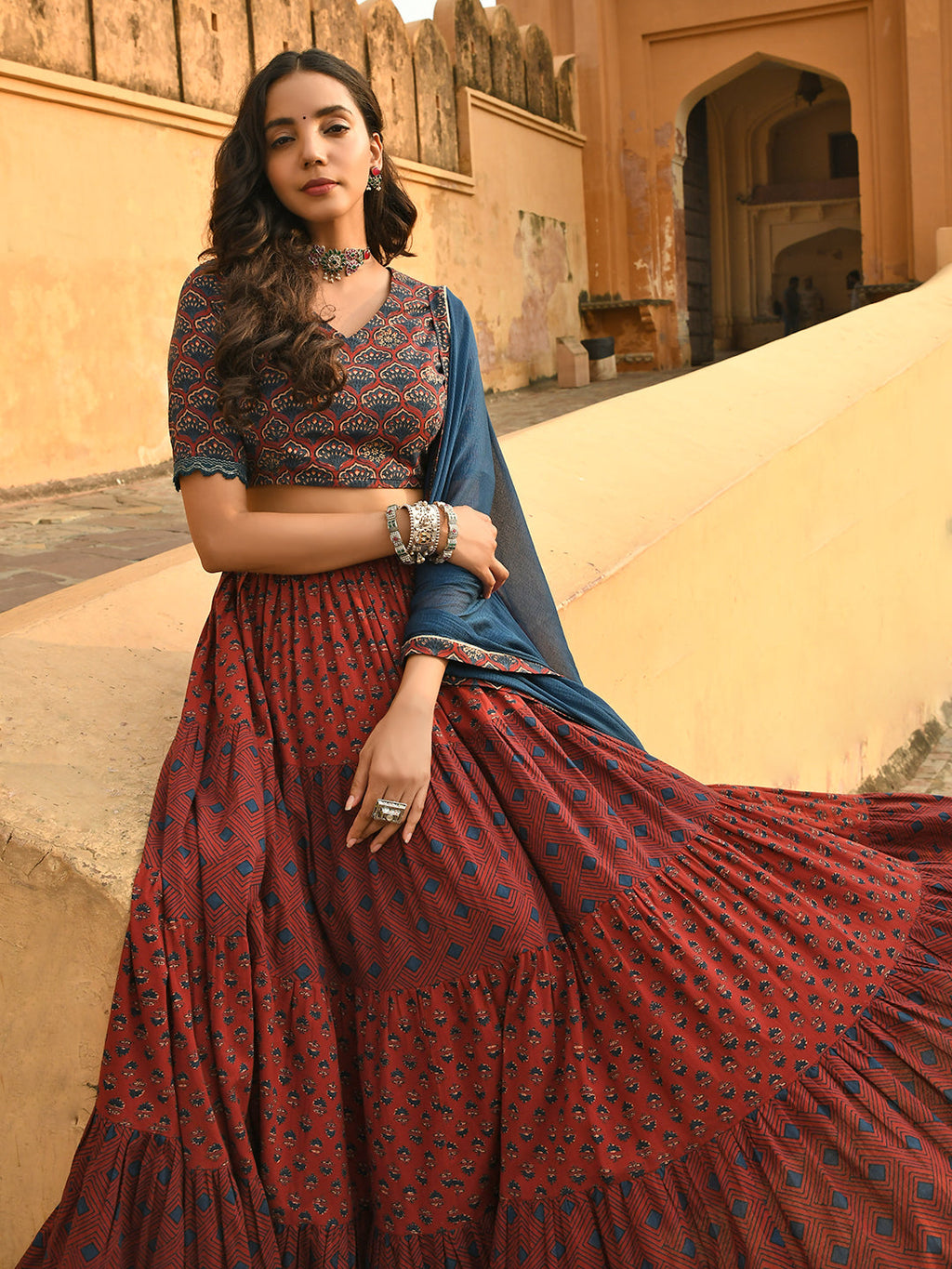Janasya Women's Maroon Cotton Block Print Lehenga Choli With Dupatta - Distacart