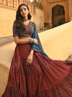 Janasya Women's Maroon Cotton Block Print Lehenga Choli With Dupatta - Distacart