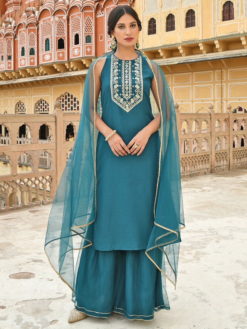 Janasya Women's Teal Green Poly Silk Embroidered Kurta With Sharara And Dupatta - Distacart