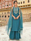 Janasya Women's Teal Green Poly Silk Embroidered Kurta With Sharara And Dupatta - Distacart