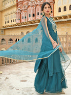 Janasya Women's Teal Green Poly Silk Embroidered Kurta With Sharara And Dupatta - Distacart