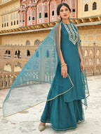 Janasya Women's Teal Green Poly Silk Embroidered Kurta With Sharara And Dupatta - Distacart