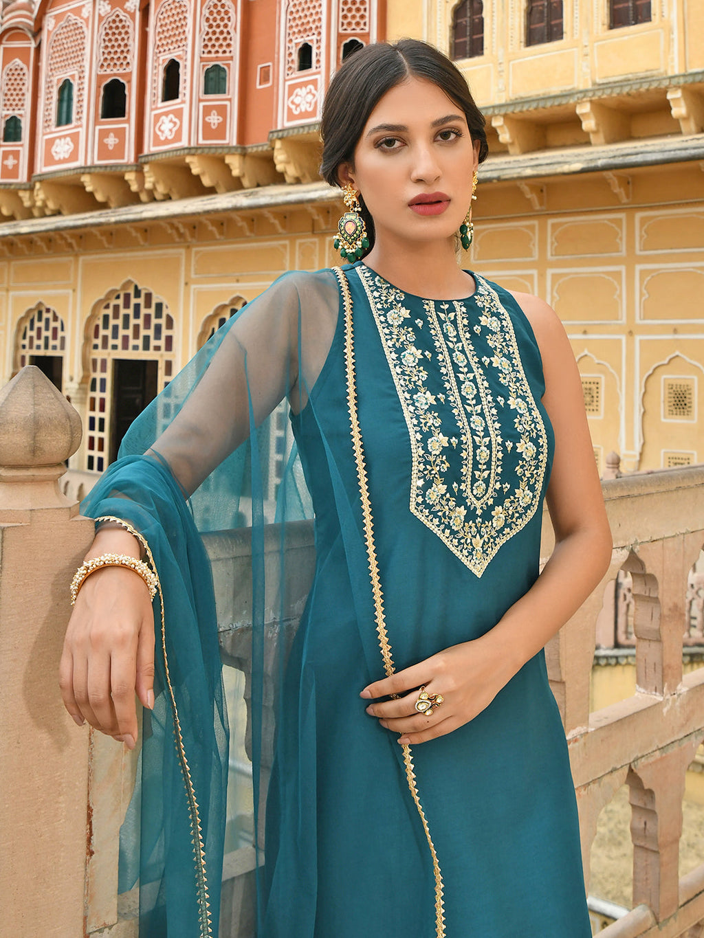 Janasya Women's Teal Green Poly Silk Embroidered Kurta With Sharara And Dupatta - Distacart