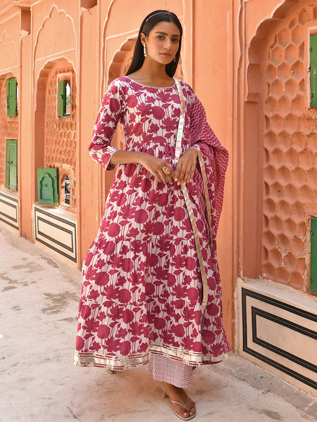 Janasya Women's White Cotton Floral Print Kurta With Palazzo And Dupatta