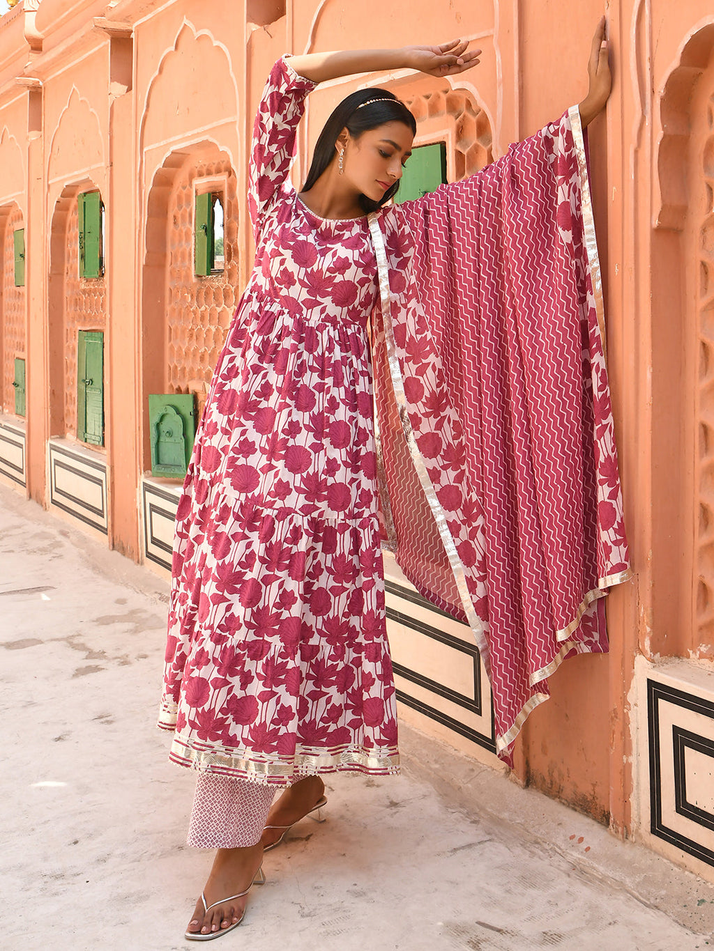 Janasya Women's White Cotton Floral Print Kurta With Palazzo And Dupatta - Distacart