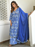 Janasya Women's Blue Cotton Floral Block Print Kurta With Flared Palazzo And Dupatta - Distacart