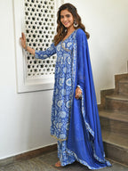 Janasya Women's Blue Cotton Floral Block Print Kurta With Flared Palazzo And Dupatta - Distacart