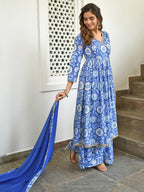 Janasya Women's Blue Cotton Floral Block Print Kurta With Flared Palazzo And Dupatta - Distacart