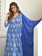 Janasya Women's Blue Cotton Floral Block Print Kurta With Flared Palazzo And Dupatta - Distacart