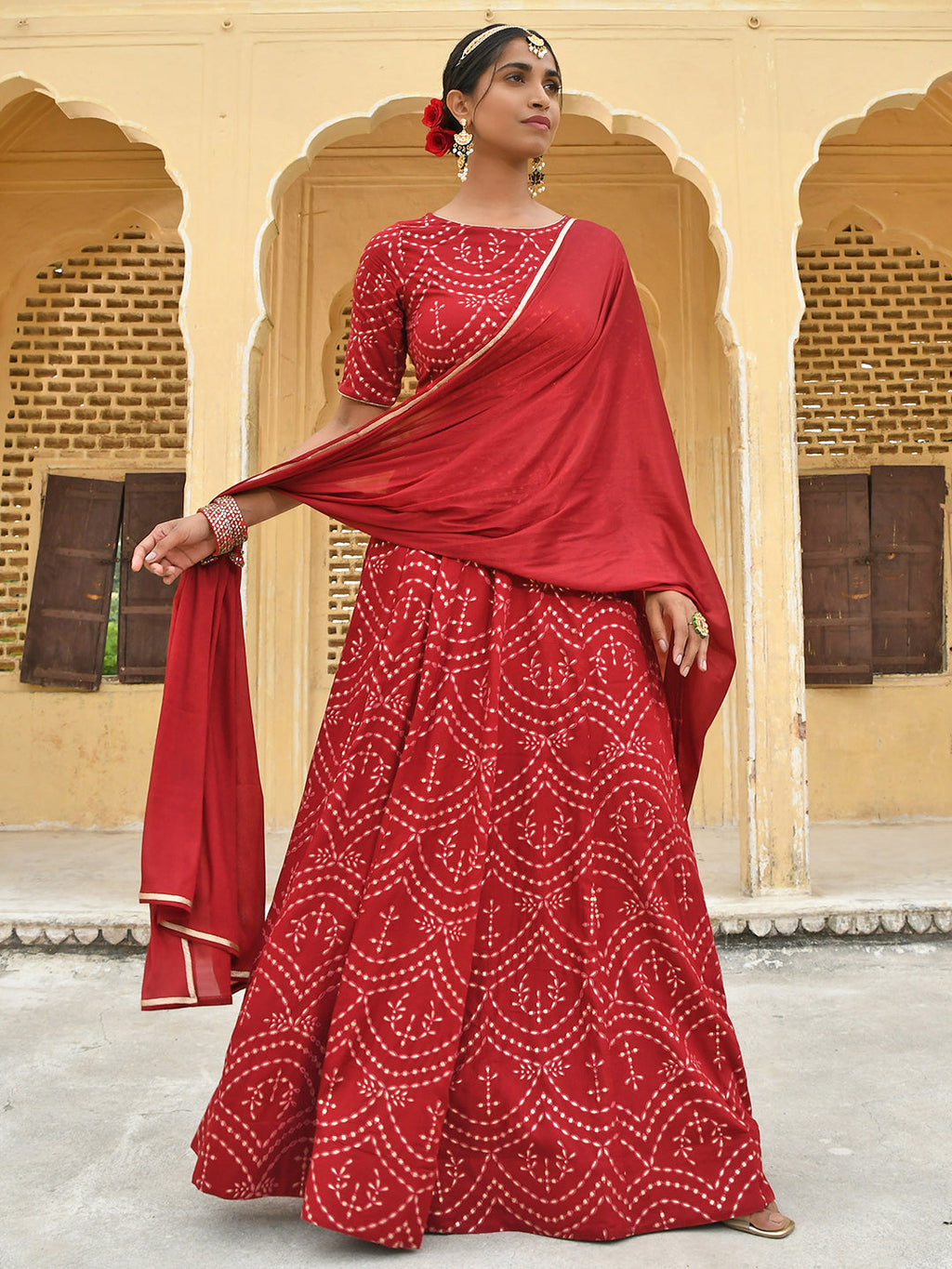 Janasya Women's Maroon Rayon Ethnic Motifs Foil Print Lehenga Choli With Dupatta - Distacart