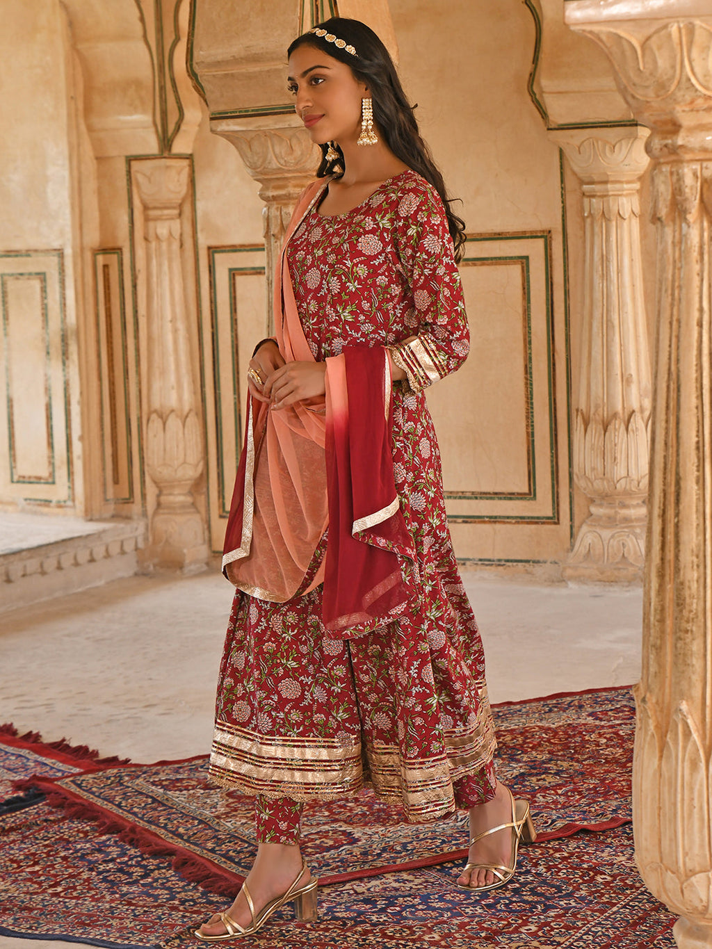 Janasya Women's Maroon Cotton Floral Block Print Kurta With Pant And Dupatta - Distacart