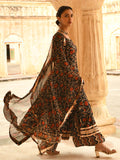 Janasya Women's Black Cotton Floral Block Print Kurta With Flared Palazzo And Dupatta - Distacart