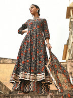 Janasya Women's Black Cotton Floral Block Print Kurta With Flared Palazzo And Dupatta - Distacart