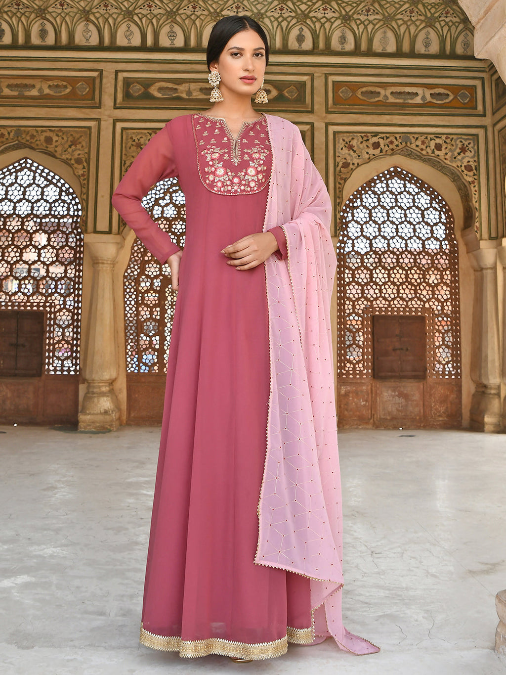 Janasya Women's Old Rose Georgette Embroidered Kurta With Dupatta - Distacart