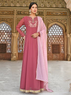 Janasya Women's Old Rose Georgette Embroidered Kurta With Dupatta - Distacart