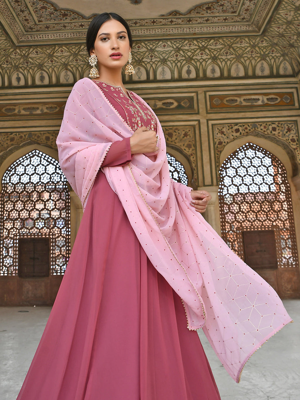 Janasya Women's Old Rose Georgette Embroidered Kurta With Dupatta - Distacart