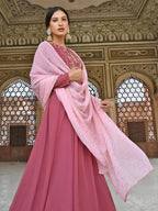 Janasya Women's Old Rose Georgette Embroidered Kurta With Dupatta - Distacart
