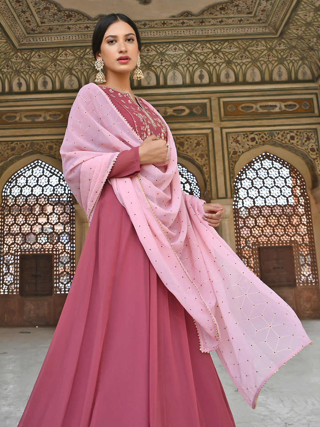 Janasya Women's Old Rose Georgette Embroidered Kurta With Dupatta - Distacart