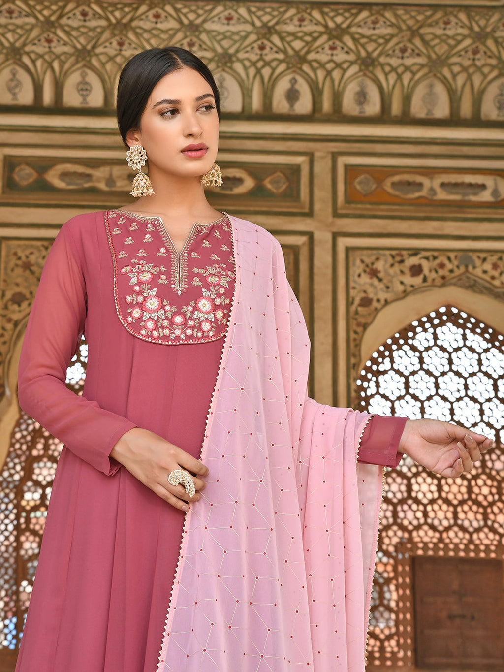 Janasya Women's Old Rose Georgette Embroidered Kurta With Dupatta - Distacart